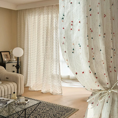Retro linen-textured sheer curtains with colorful jelly bean pattern, easy to hang, suitable for bedroom and living room