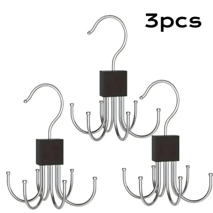 Premium Natural Wood Accessory Rack: Rotating Closet Hanger with Stainless Steel Hooks for Belts, Scarves & Jewelry. Tangle-Free