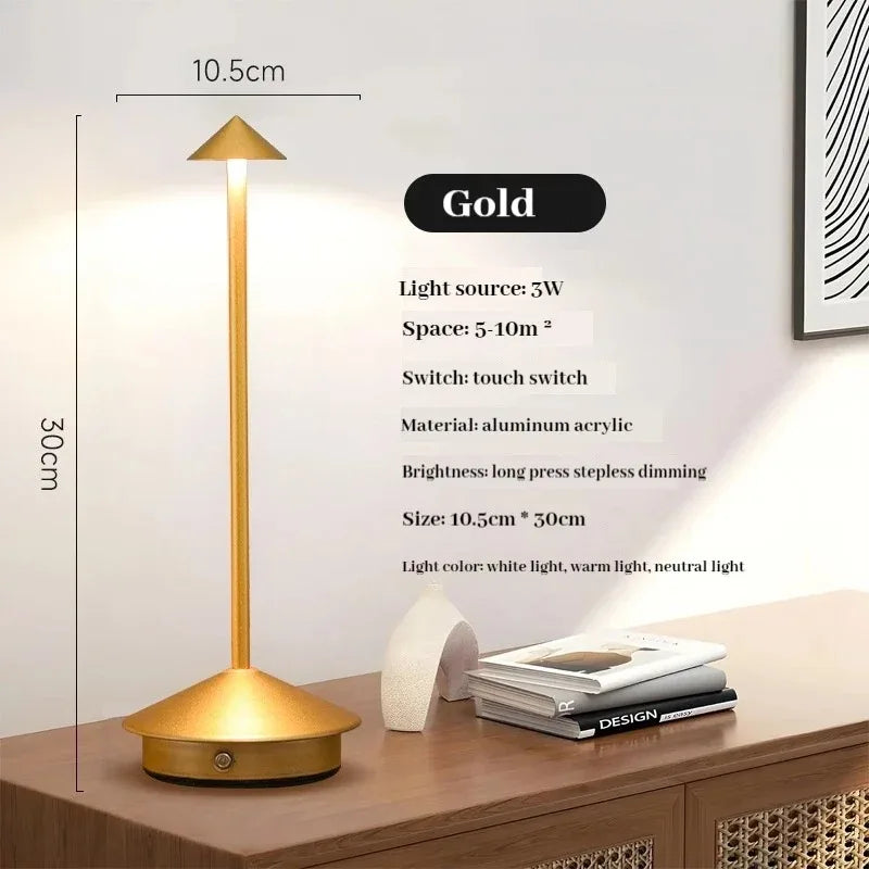 Rechargeable Cone Head Touch Sensor LED Table Lamp - 3 CCT Stepless Dimming for Restaurant Hotel Bedroom Bar Home Decor