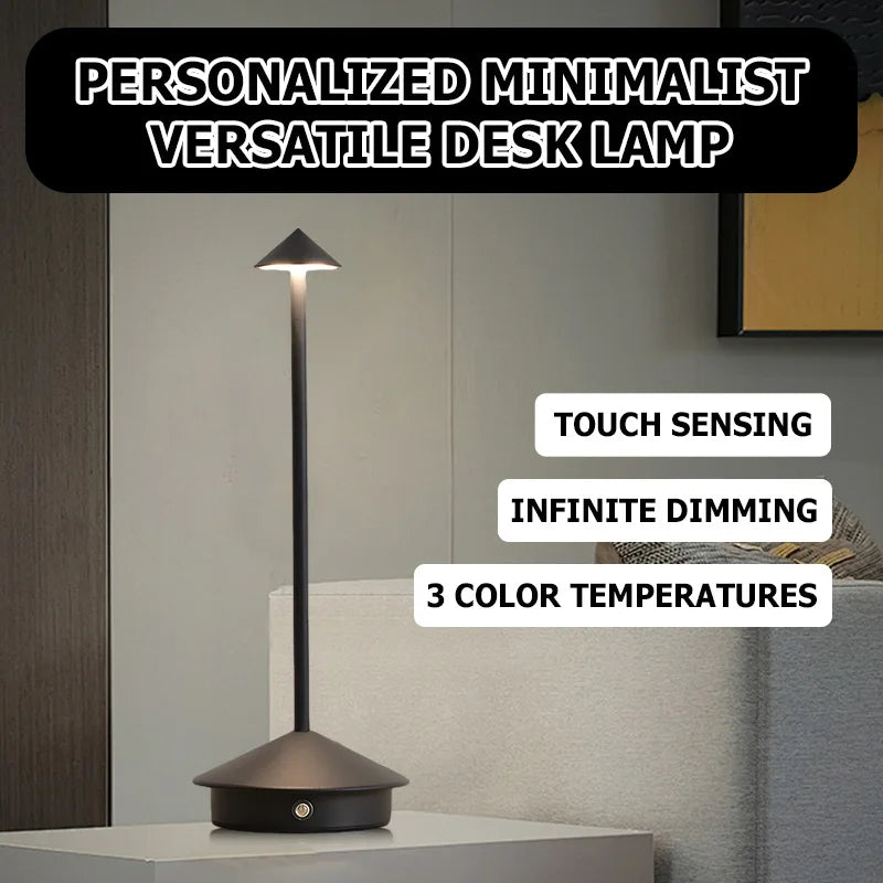 Rechargeable Cone Head Touch Sensor LED Table Lamp - 3 CCT Stepless Dimming for Restaurant Hotel Bedroom Bar Home Decor