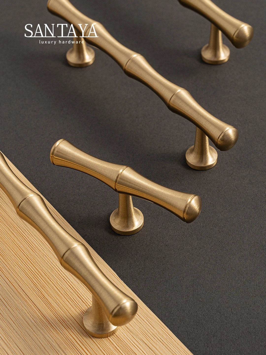 Santaya Solid Brushed Brass Handle Bamboo Kitchen Cabinet Pull Wardrobe Drawer Knob