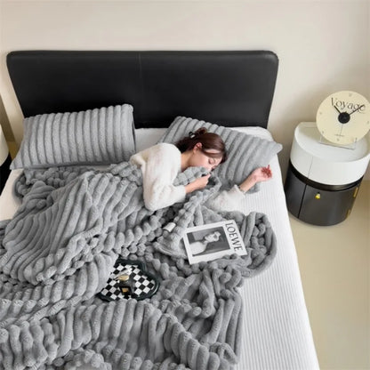 2025 New Rabbit Plush Blanket Draw Stripe Thickened Flannel Blanket Shawl Coral Fleece Sofa Blanket, without Pillowcase