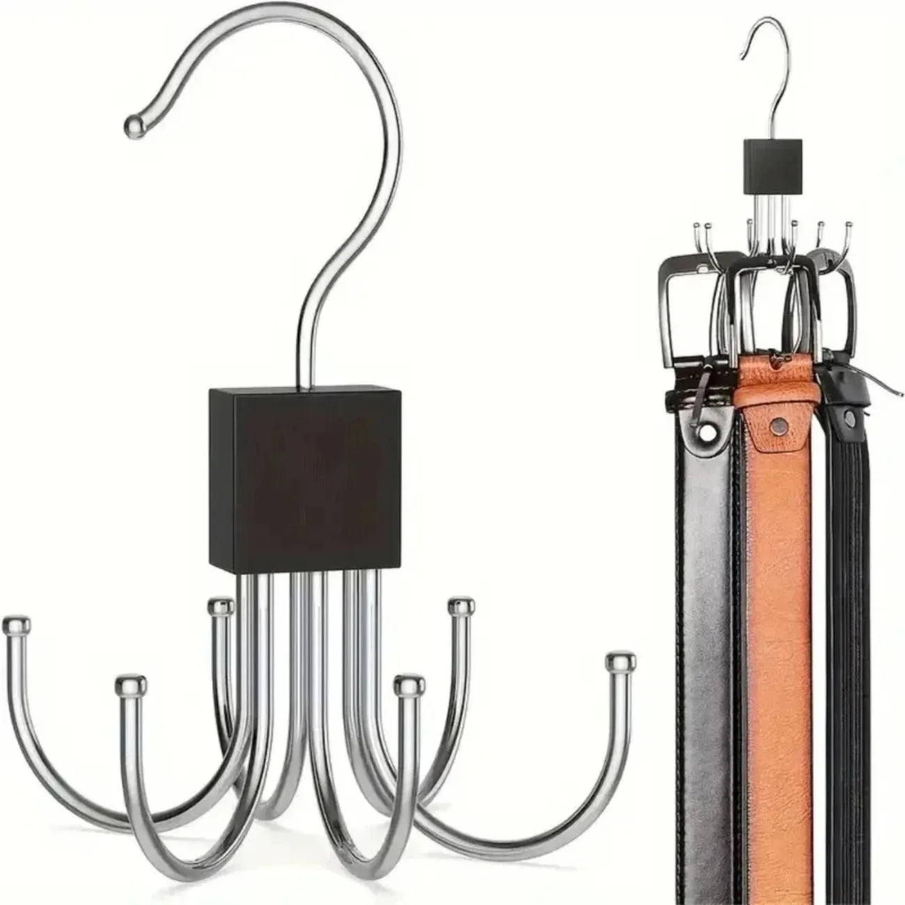 Premium Natural Wood Accessory Rack: Rotating Closet Hanger with Stainless Steel Hooks for Belts, Scarves & Jewelry. Tangle-Free