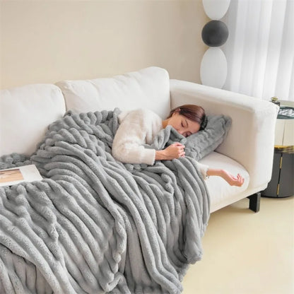 2025 New Rabbit Plush Blanket Draw Stripe Thickened Flannel Blanket Shawl Coral Fleece Sofa Blanket, without Pillowcase