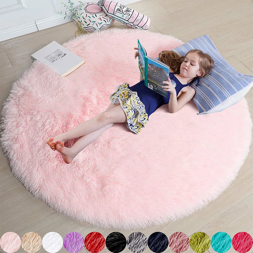 100/120/140/160 Round Rug Fluffy Soft Area Rugs for Kids Girls Room Princess Castle Plush Shag Carpet Cute Circle Bedroom Decor
