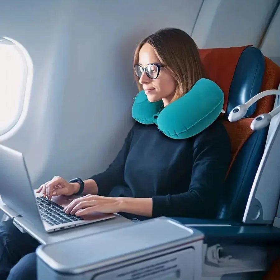 1pc U-Shaped Auto-Inflate Neck Pillow Home Office Car Use Travel Pillow Portable Comfortable Flocking Surface Pillow Gift