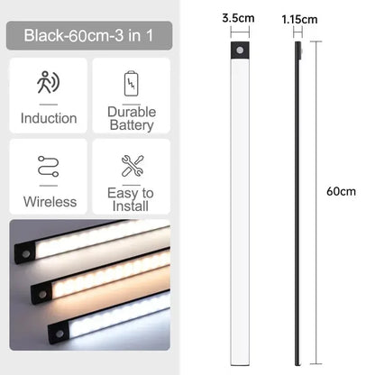 10-60cm Ultra-Thin Motion Sensor Light Magnetic Mount USB Rechargeable 3-Color Adjustment Under Cabinet Light for Home Office