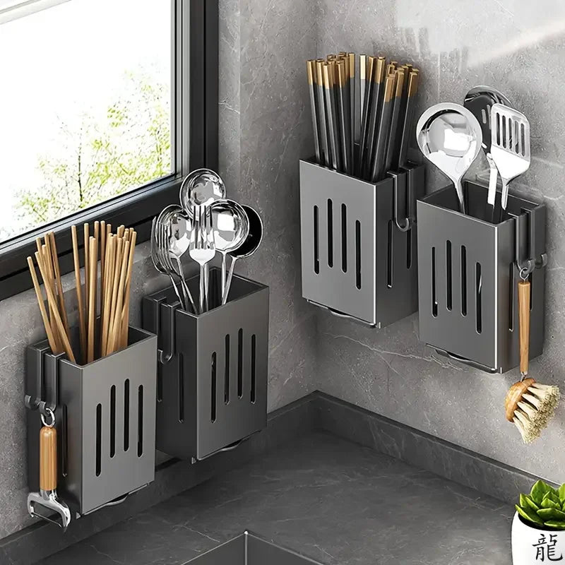 1pc/2pcs Wall-mounted Chopstick Holder Household Kitchen Sink Tableware Storage Rack Punch-free Drain with Water Tray with Hook