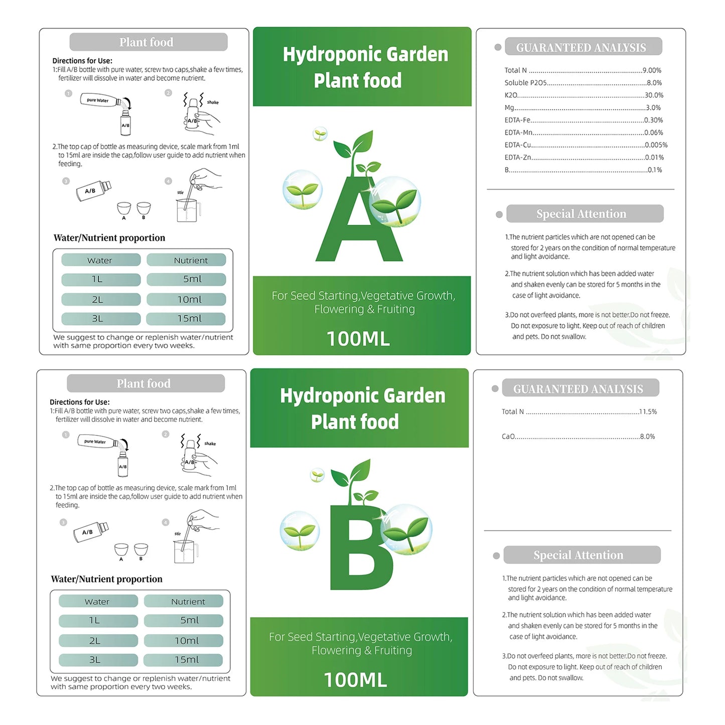 Hydroponic Nutrients Fertilizer AB Solution Set Hydroponic Garden Plant Food Plant Fertilizer For Flowers Vegetables Nutrients