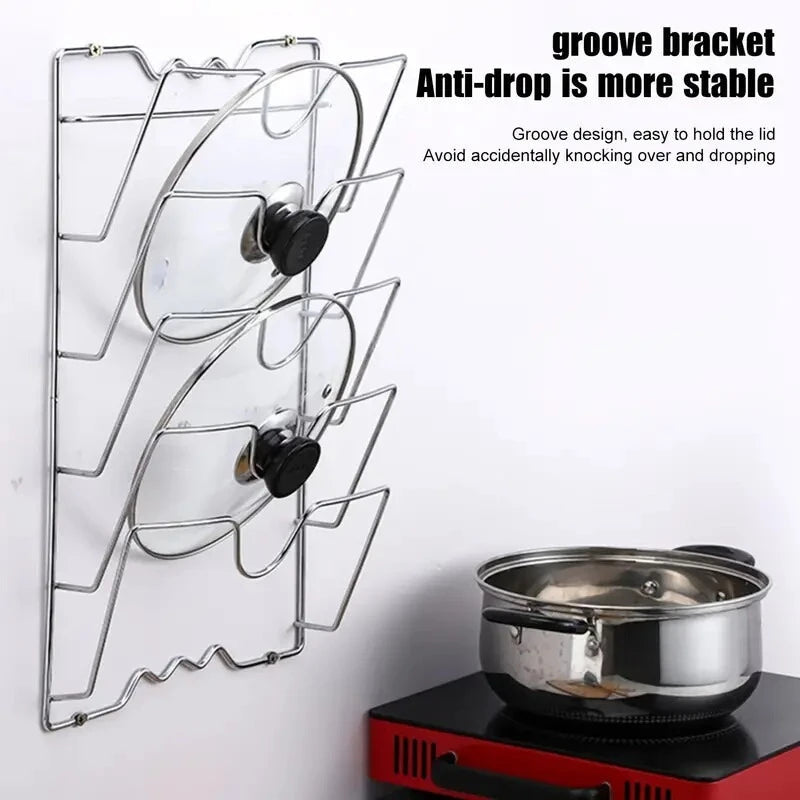 Wall Mounted Pot Lid Rack Multi-Functional Kitchen Storage Holder Perforated 5 Layers for Household Use