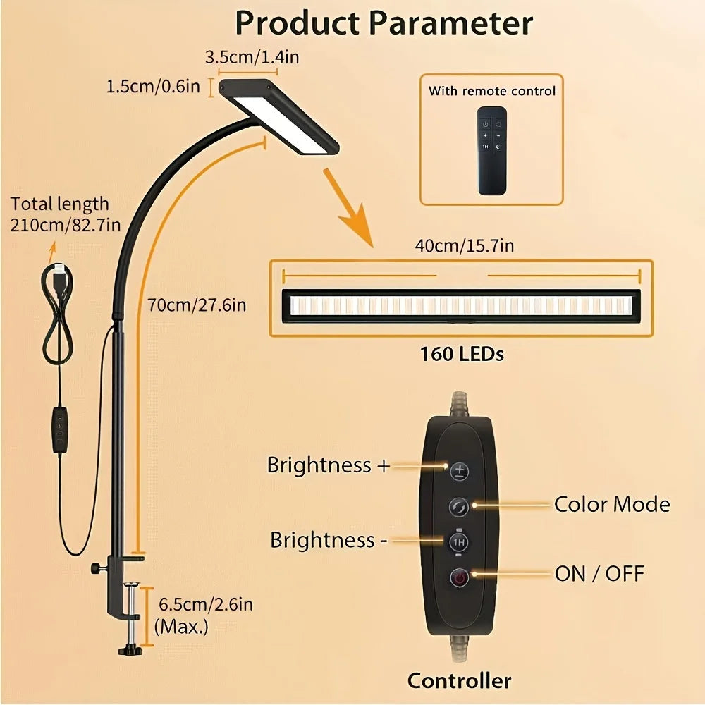 Gooseneck USB Clip On Night Reading Light with 3 Colors and 10 Levels Adjustable No remote control