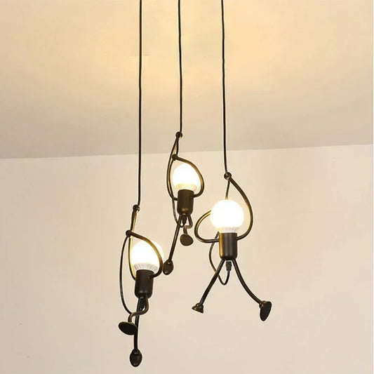 E27 Pendant Lights Vintage Iron Little Man Modern Arts Chandelier LED Ceiling Lamp Home Living Room Children Bedroom Decor Black
