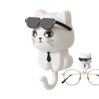 Coat Hooks Cat Key Holder Cute Cat Key Hook with Sunglasses Adhesive Coat Hooks Key Holder for Wall Decorative for Coat Bag