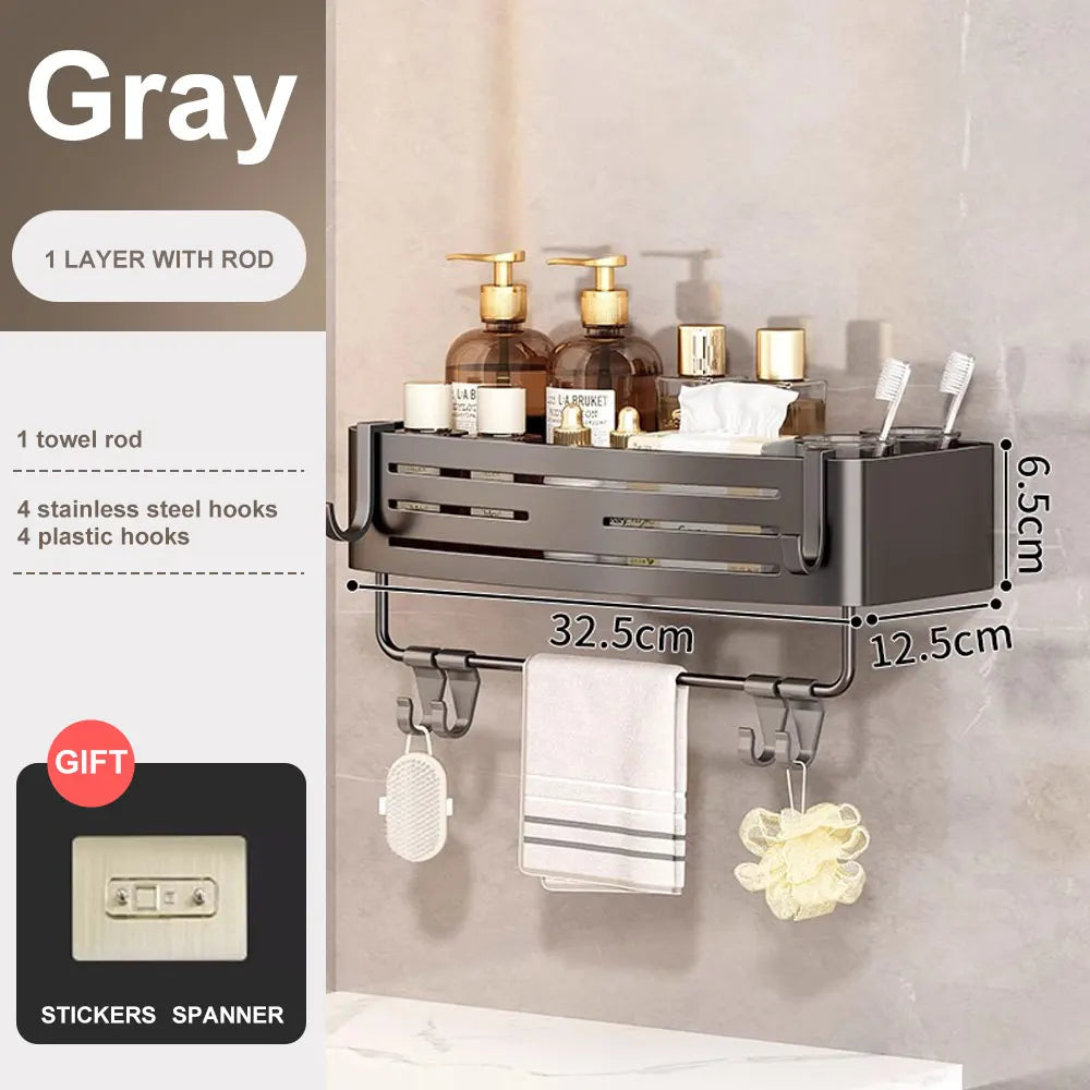 1-2PCS Bathroom Corner Shelf with Plastic Hook Towel Bar No Drill Space Aluminum Shower Storage Rack Bathroom Organizer