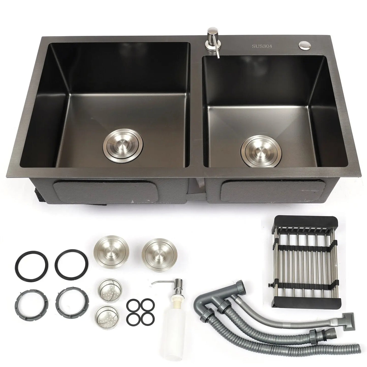 Stainless Steel Kitchen Sink Double Bowl Inset Basket W/Drainer + Soap Dispenser