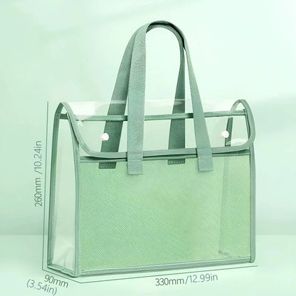 Clear Transparent PVC Tote Bag Large Capacity Waterproof Mesh Pocket Reinforced Handle for School Commute Beach