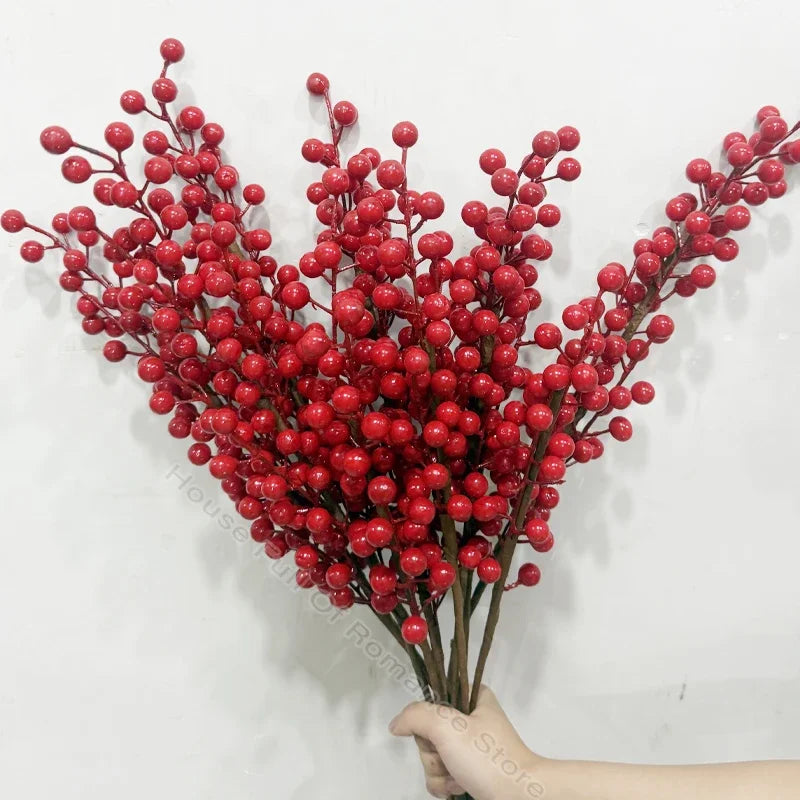 Red Berry Branches Simulation Bouquet Christmas Festival Artificial Decoration Vase Home Decor Yule Wedding Party Fake Flowers