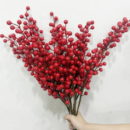 Red Berry Branches Simulation Bouquet Christmas Festival Artificial Decoration Vase Home Decor Yule Wedding Party Fake Flowers