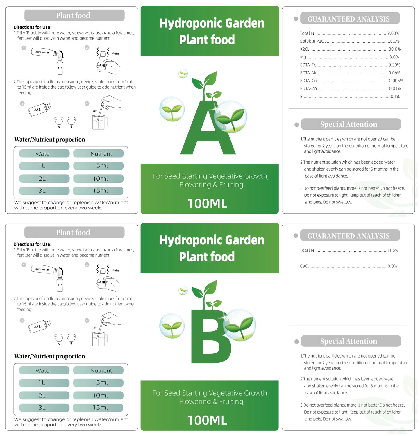 Fertilizer AB Two Part Set Hydroponic Garden Plant Food Plant Fertilizer For Flowers Vegetables Grass Nutrients