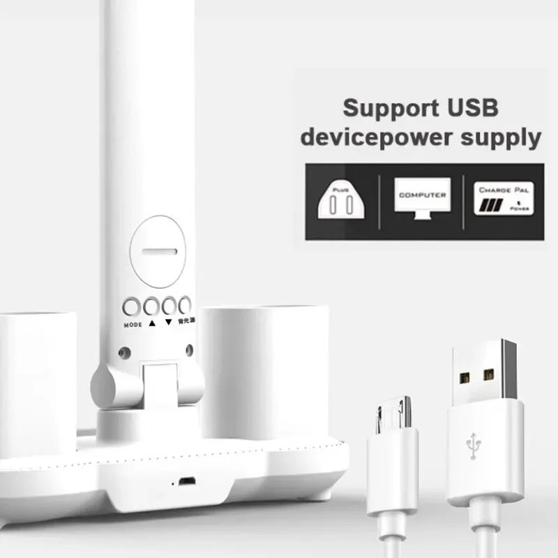 LED Table Lamp Double-Headed USB Chargeable Dimmable Desk Lamp with Calendar Clock Foldable Eye Protection Reading Night Light