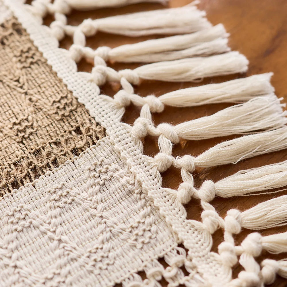 Boho Table Runner for Home Decor Macrame Cream & Brown Farmhouse Table Runner with Tassels for Bohemian Dining Bedroom Decor