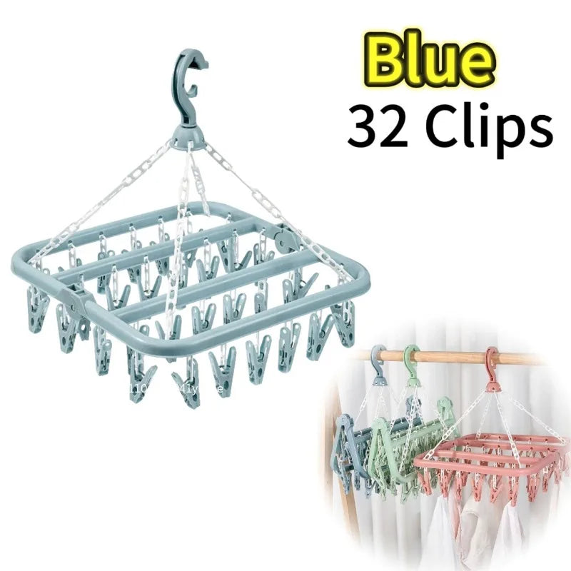 32 Clips Folding Clothes Dryer Hanger Windproof Socks Underwear Drying Rack Household Children Adults Storage Laundry Rack