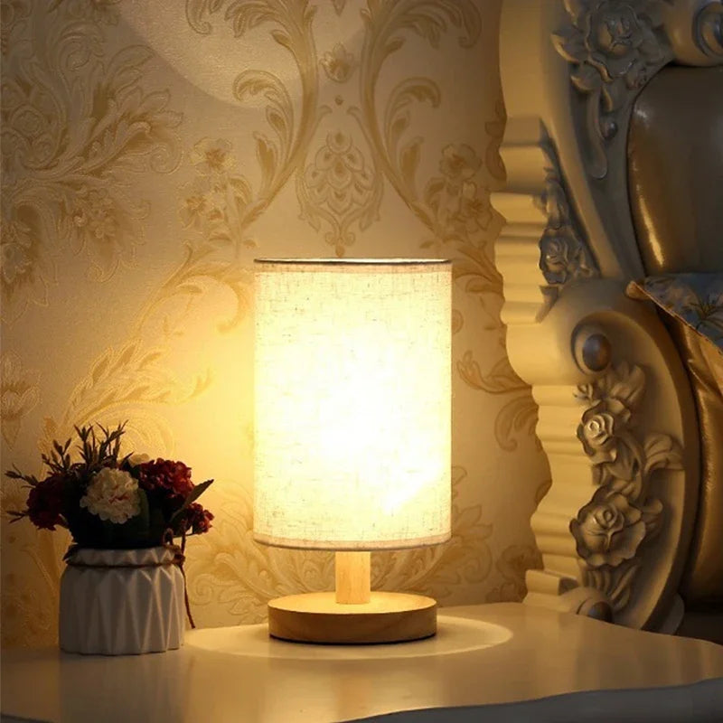 USB plug Lamp Night Lights Table Lamp For Bedroom Wooden Desk Lamp Bedside Night Light with Cylinder Lamp Shade Home Decor