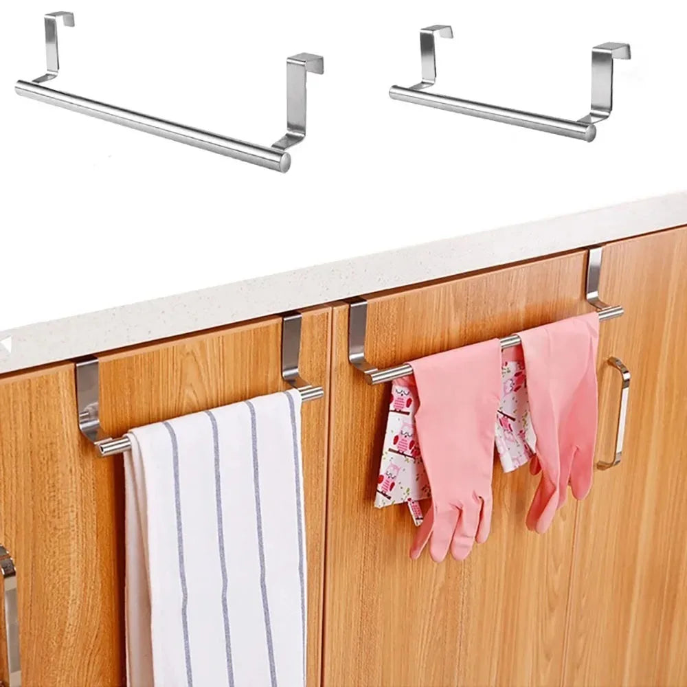 Stainless Steel Towel Rod, No Punched Door Hanging Towel Rack, Bathroom and Kitchen Towel Storage, Durable Space-saving Rack