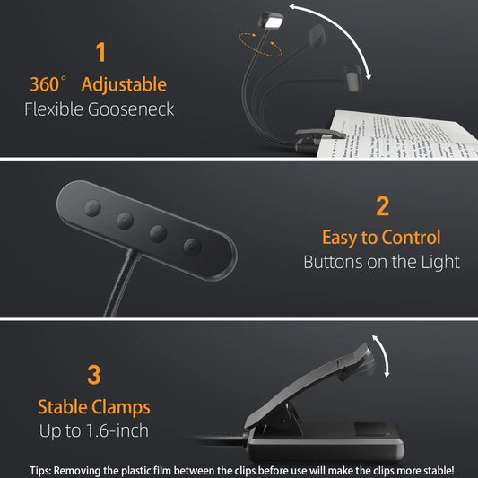 Portable Flexible Easy Clip Night Reading Lamp USB Rechargeable Reading Light 3Colors Warm Cool White Daylight Book Lamp