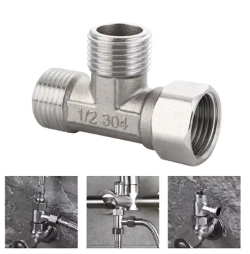 Stainless Steel T Adapter G1/ 2" T-Valve Diverter Valve Three Way Device Hole For Bath Bidet Sprayer Shower