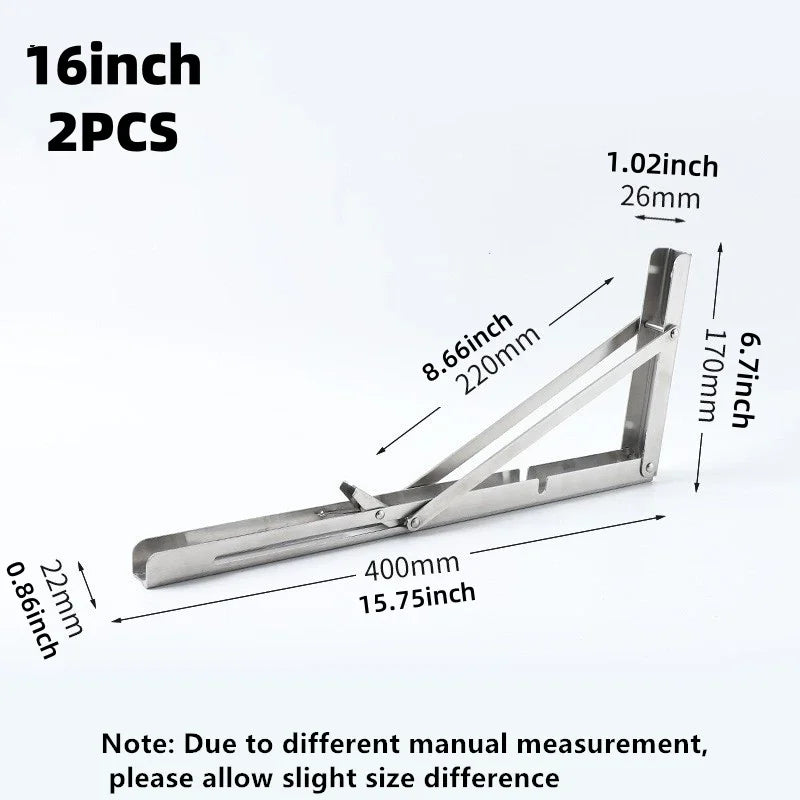 2PCS Heavy Duty Triangle Folding Angle Shelf Bracket Stainless Steel Collapsible Shelf Bracket for Table Work Bench Wall Mounted