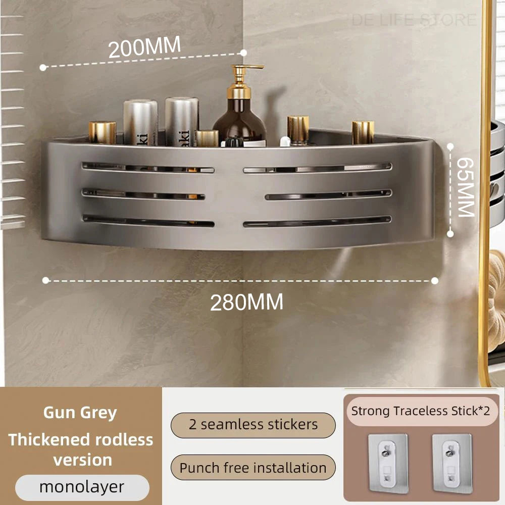 1-2PCS Bathroom Corner Shelf with Plastic Hook Towel Bar No Drill Space Aluminum Shower Storage Rack Bathroom Organizer