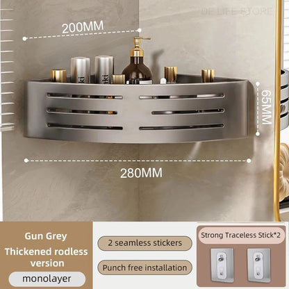 1-2PCS Bathroom Corner Shelf with Plastic Hook Towel Bar No Drill Space Aluminum Shower Storage Rack Bathroom Organizer