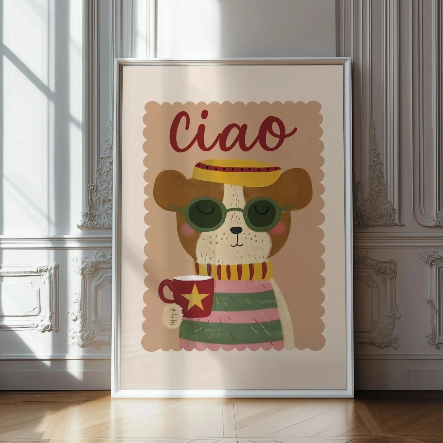 Retro Bonjour Dog Coffee Canvas Print Funny Dog Coffee Club Kitchen Wall Art Poster for Modern Living Room Bedroom Home Decor
