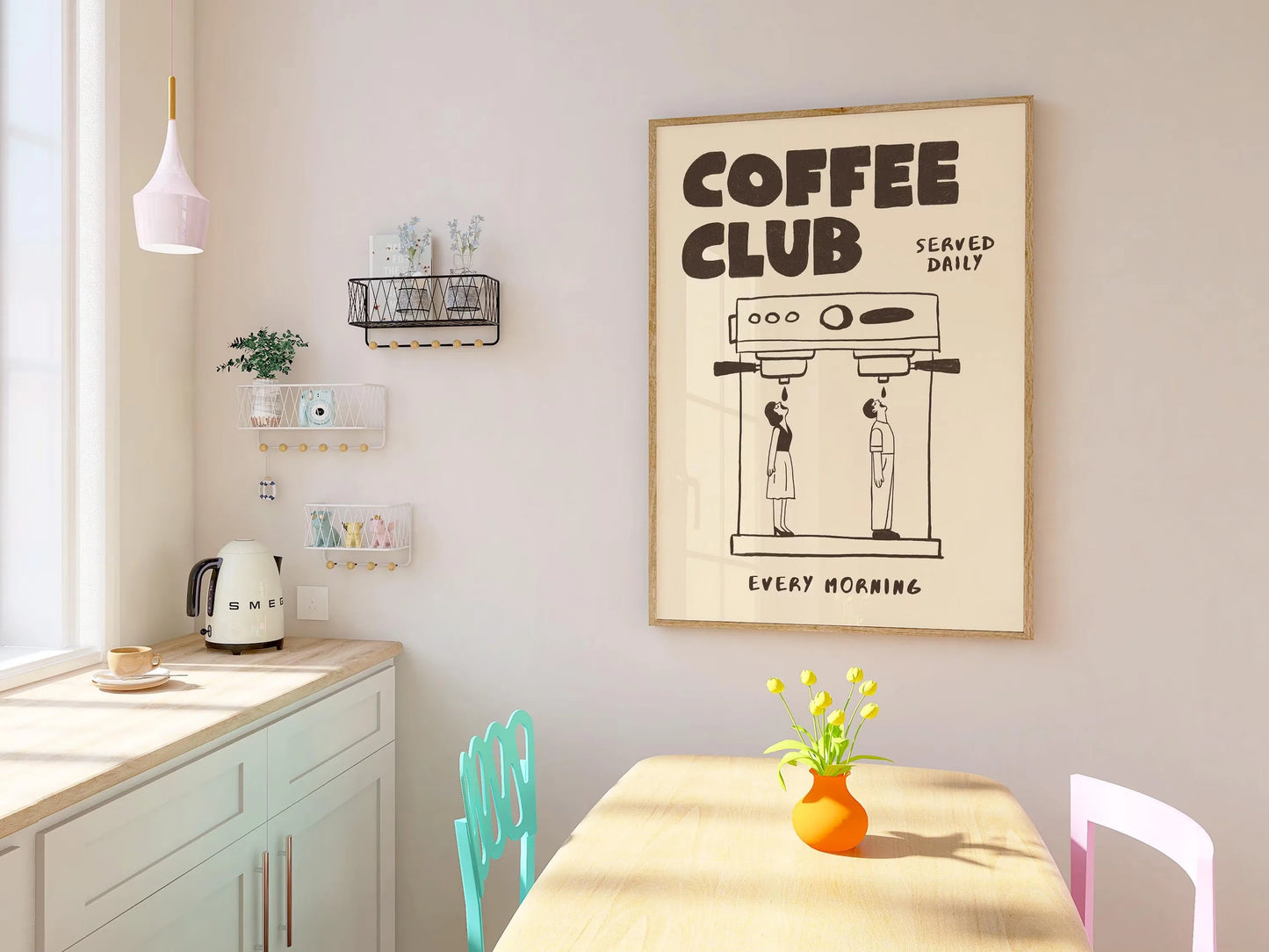Retro Bonjour Dog Coffee Canvas Print Funny Dog Coffee Club Kitchen Wall Art Poster for Modern Living Room Bedroom Home Decor