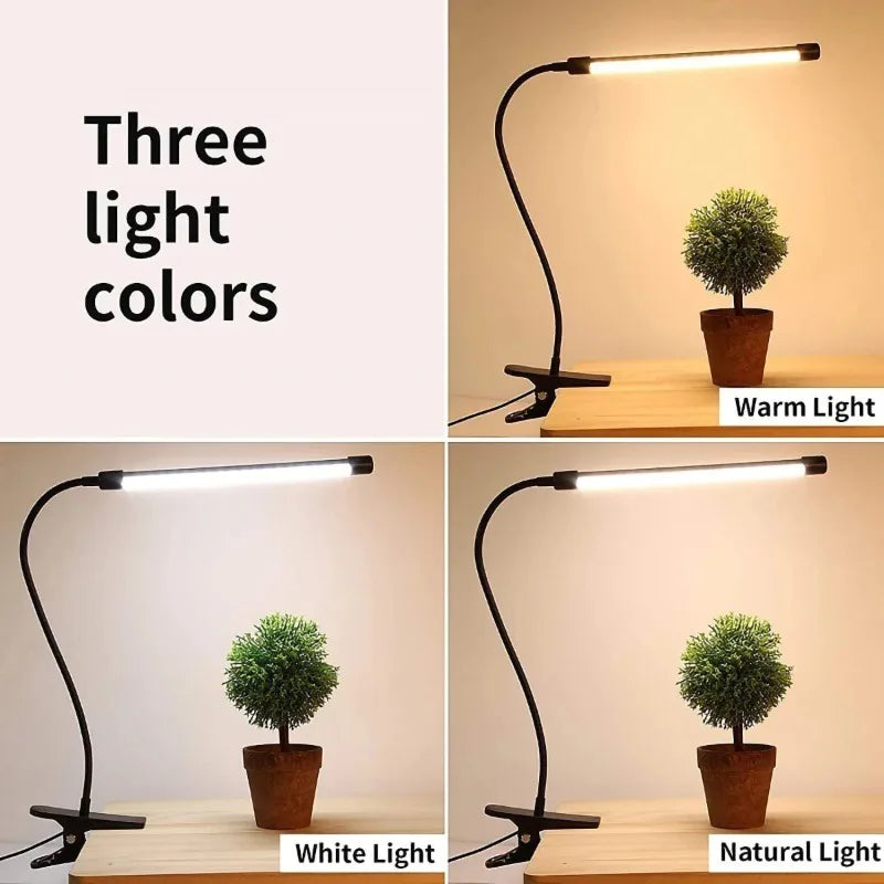 10W LED Desk Lamp with Clamp Dimmable Clip On Reading Light 10 Brightness Level 3 Lighting Modes Flexible Study Table Lamp USB