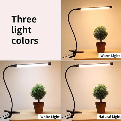 10W LED Desk Lamp with Clamp Dimmable Clip On Reading Light 10 Brightness Level 3 Lighting Modes Flexible Study Table Lamp USB