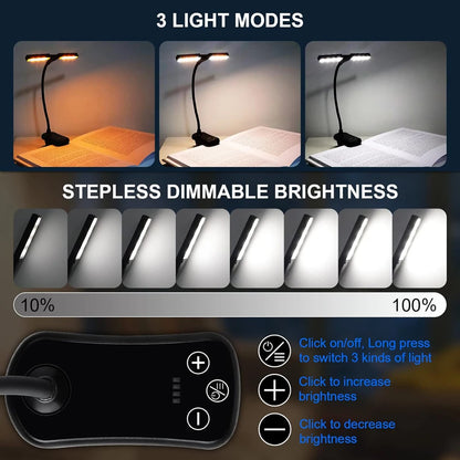 Dual Heads 14 LED Touch Control Reading Light with 3 Colors&8 Brightness USB Rechargeable Eye Care Book Light Clip on Book/Desk
