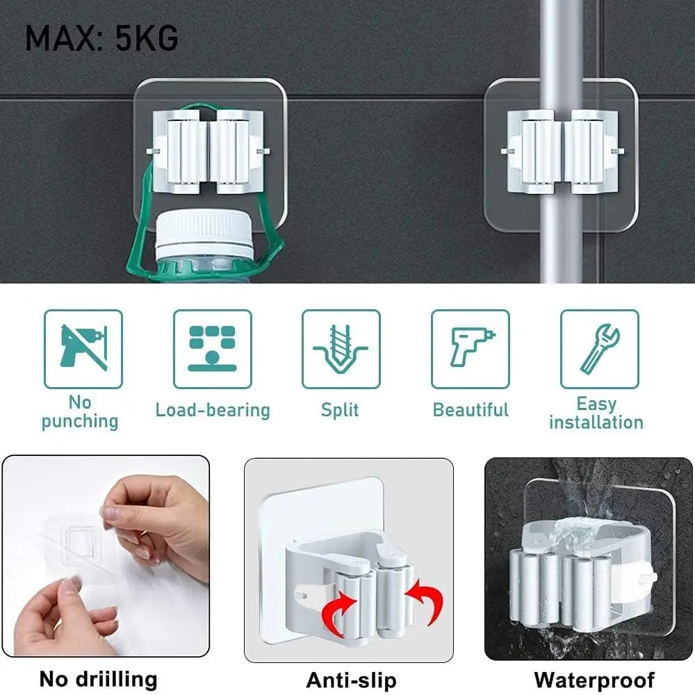 4Pcs Self Adhesive Mop Holder Broom Holder Wall Mounted White Mop And Broom Holder No Drill Wall Mounted Organizer Clip Wall Mou