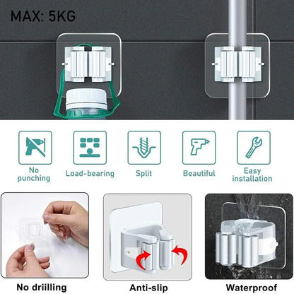 4Pcs Self Adhesive Mop Holder Broom Holder Wall Mounted White Mop And Broom Holder No Drill Wall Mounted Organizer Clip Wall Mou