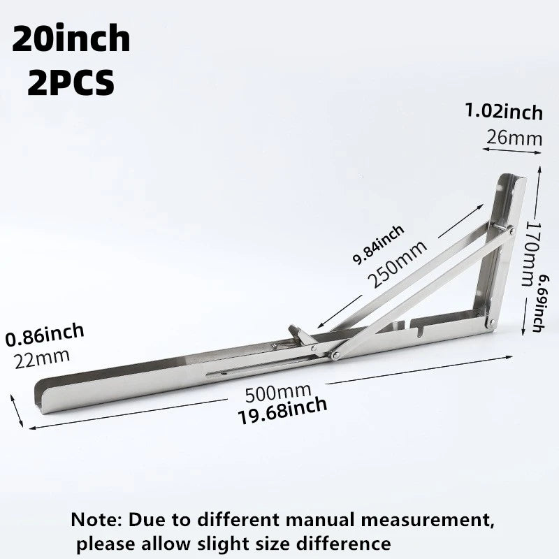 2Pcs Triangle Folding Angle Shelf Bracket Heavy Duty Stainless Steel Collapsible Shelf Bracket for Table Work Bench Wall Mounted
