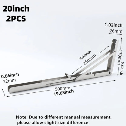 2Pcs Triangle Folding Angle Shelf Bracket Heavy Duty Stainless Steel Collapsible Shelf Bracket for Table Work Bench Wall Mounted