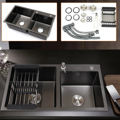 Stainless Steel Kitchen Sink Double Bowl Inset Basket W/Drainer + Soap Dispenser