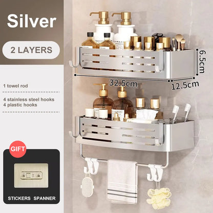 1-2PCS Bathroom Corner Shelf with Plastic Hook Towel Bar No Drill Space Aluminum Shower Storage Rack Bathroom Organizer
