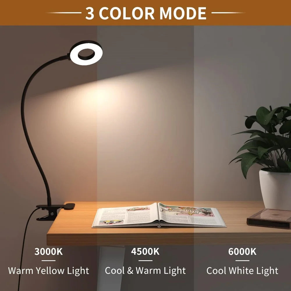 LED Reading Light with Clamp 3 Color & 10 Brightness Desk Lamp Flexible Gooseneck Book Lamp Kids Reading Night Light Book Light