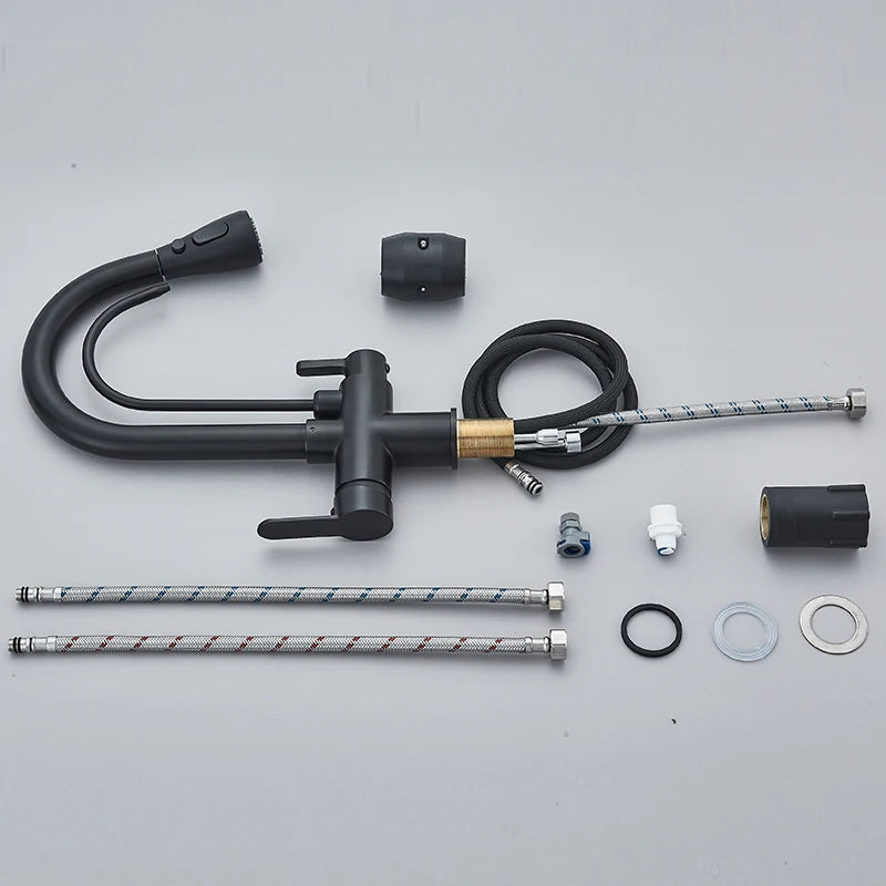 Purification Water Kitchen Faucet Black 360° Rotating Filter Water Faucets Pull Out Sprayer 3 Ways Hot Cold Water Mixer Tap
