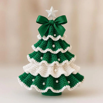 Crochet Christmas Tree Kit DIY with Bow Faux Pearl Decor Holiday Craft Starter Set Handmade Crochet Christmas Tree Home Decor