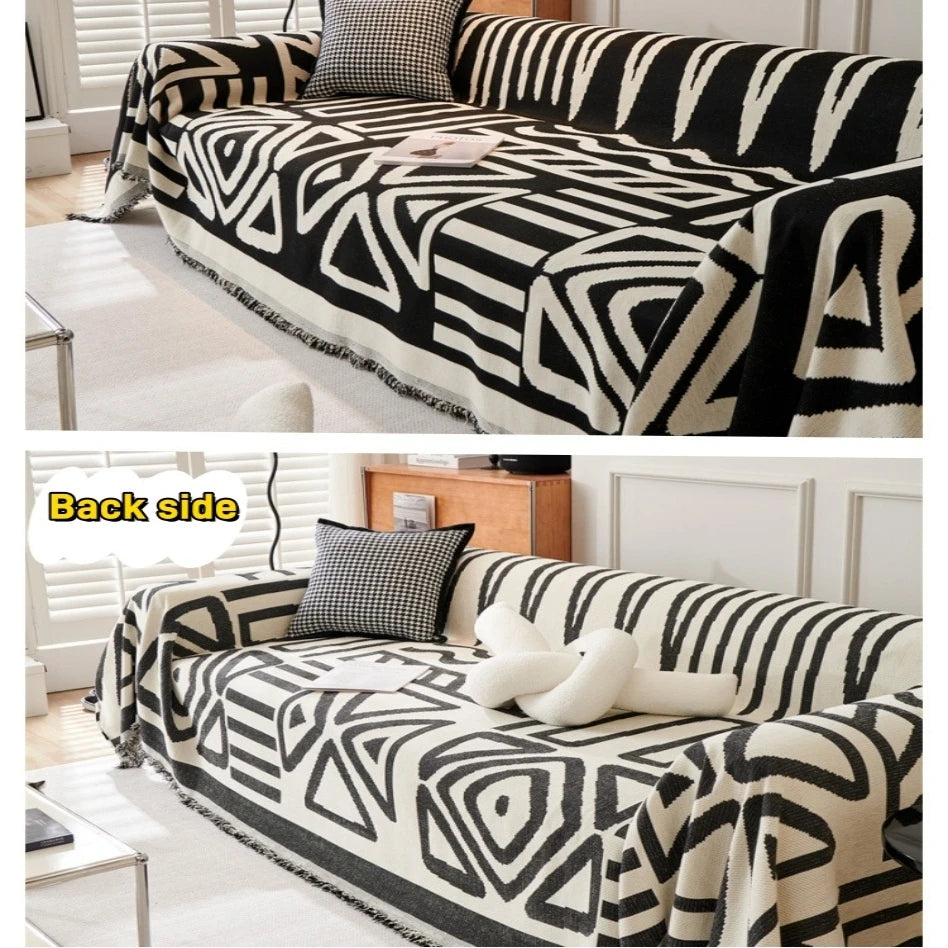 Boho Style Chenille Sofa Towel with Tassels, Double-side, for Living Room Camping Picnic Large Blanket Leisure Relax Beach Towel