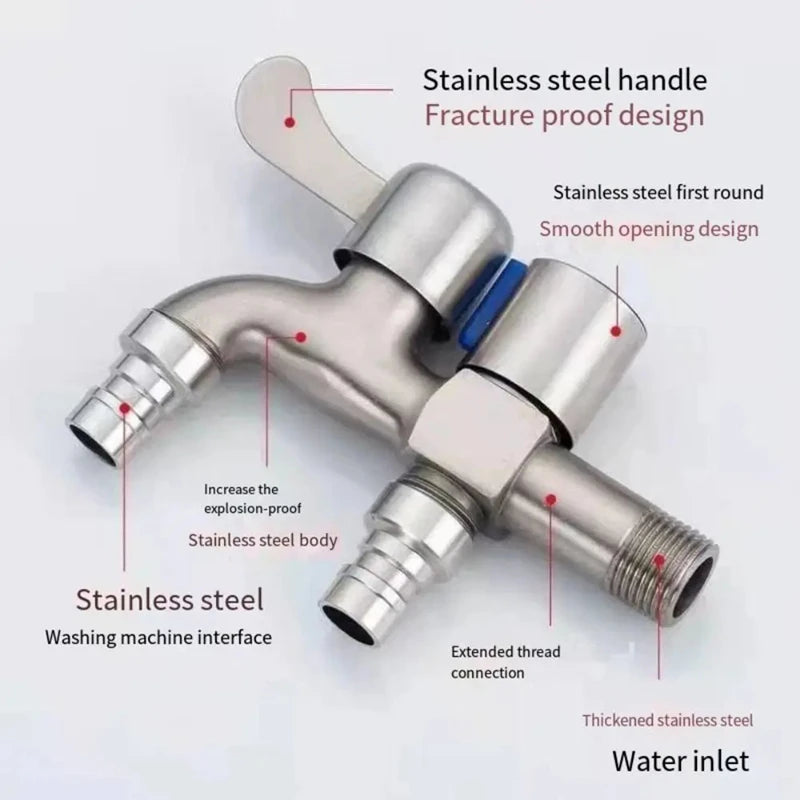 Stainless Steel Faucet Double Outlet Dual Control Water Tap One in Two Out Faucet 1/2" Bidet Faucets Bathroom Accessories