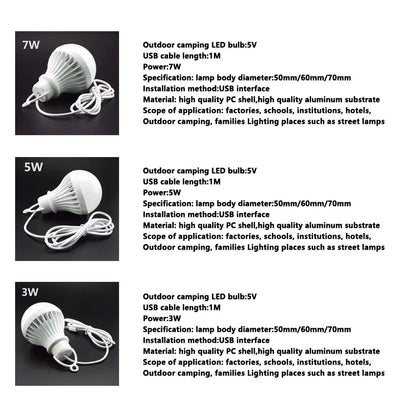 3W 5W 7W USB Lamp Bulb Portable Camping Lantern Lamp LED Power Reading Book Light For Outdoor Camping Tent Emergency Lighting